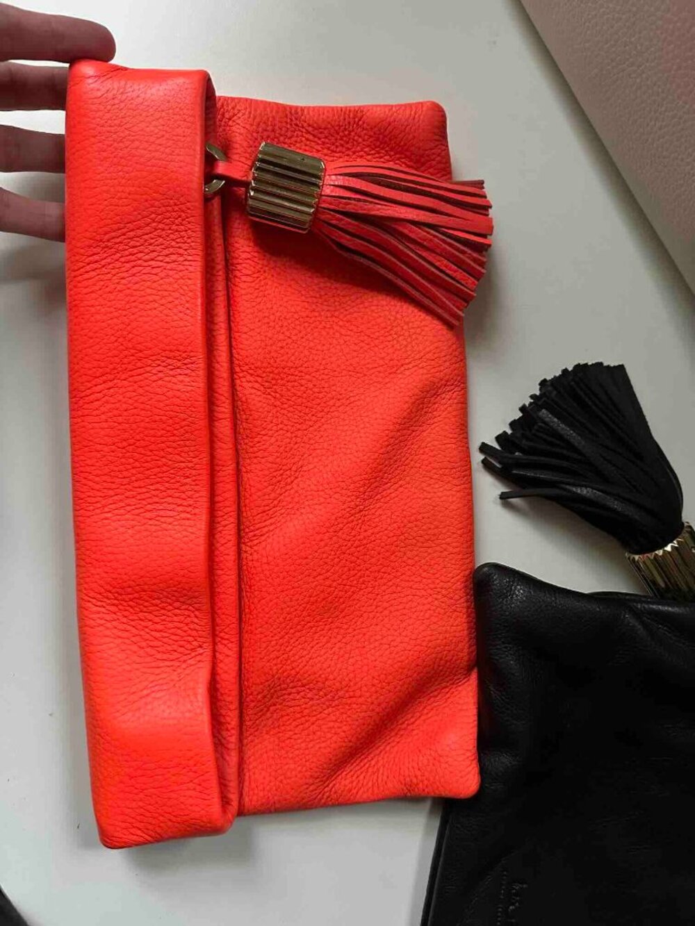 India Hicks Carmen foldover Flamingo tomato coral orange Leather Clutch Purse